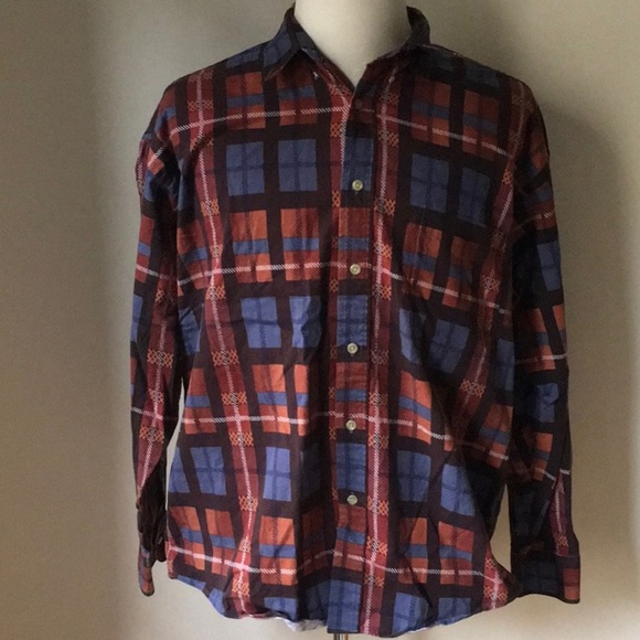 London Fog Long-Sleeve Button-Down Shirt in Multicolor Plaid Cotton (size XL) - Picture 1 of 6